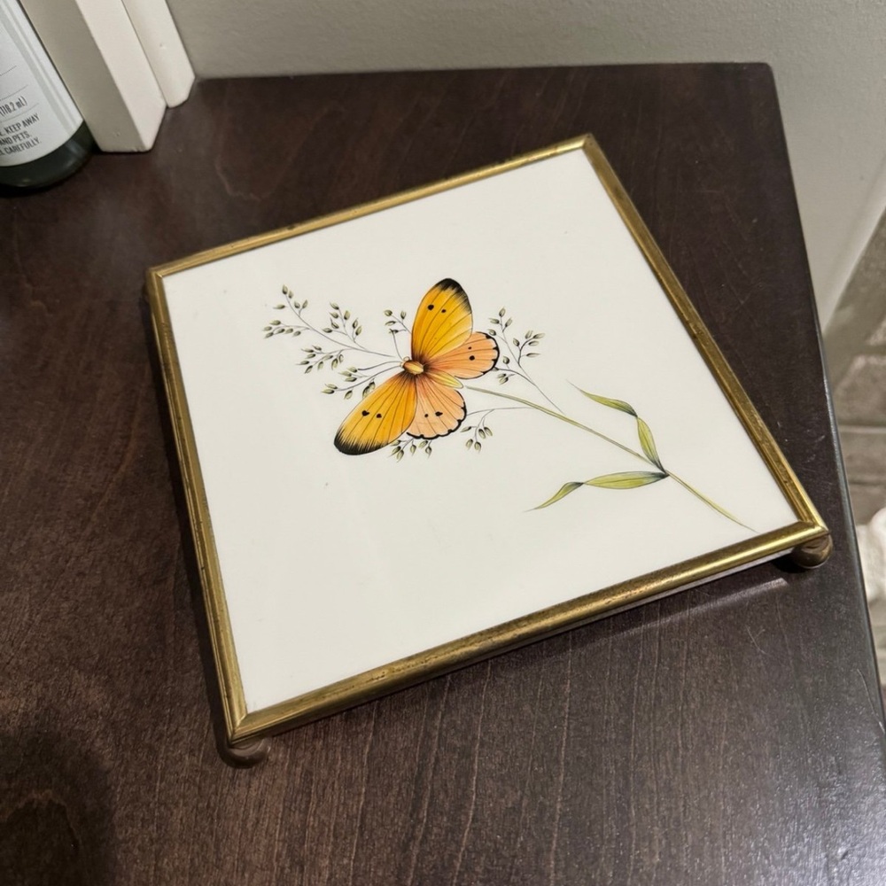 MCM Butterfly ceramic brass Trivet signed, made in Czechoslovakia